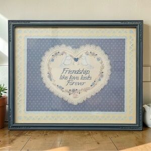 Vintage Blue Framed Picture 18x21 Decor Scallop Doves & Hearts Friendship Love